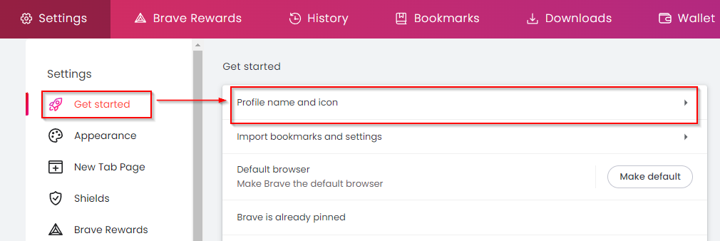 Profile settings in Brave browser