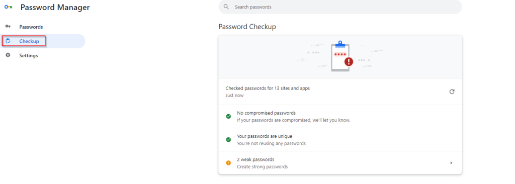 Password Checkup tool in Google Password Manager 