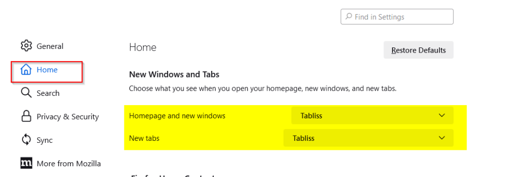 Firefox Home settings