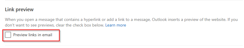 Turning off link preview in Outlook.com