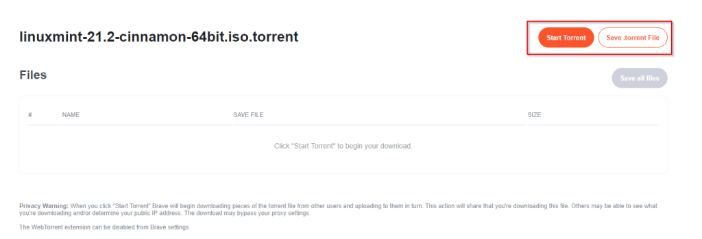 WebTorrent torrent client in Brave browser