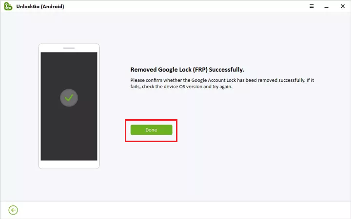 FRP bypass successful using iToolab UnlockGo Android 