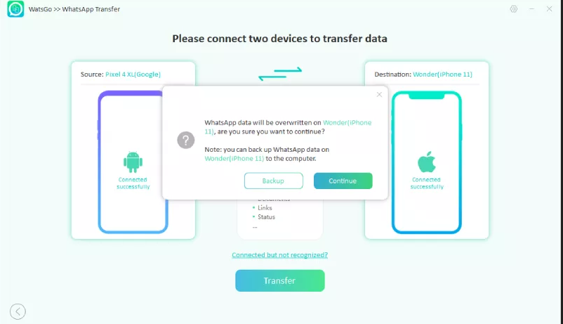 Finalize settings before beginning the WhatsApp transfer