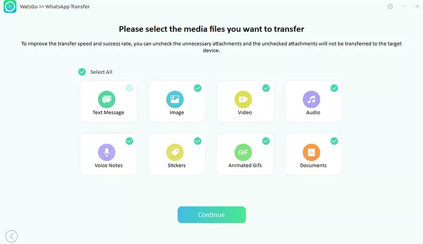 Choose the WhatsApp data to be transferred using iToolab WatsGo