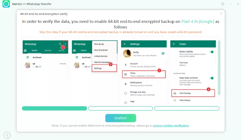 Enable the encrypted WhatsApp backup 