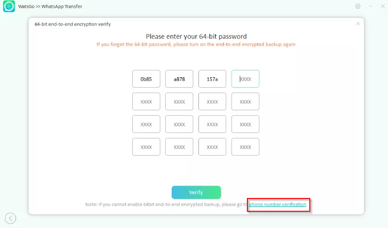 Verify the encrypted WhatsApp backup password in iToolab WatsGo