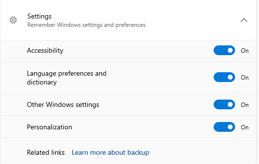 Other Windows settings to be backed up