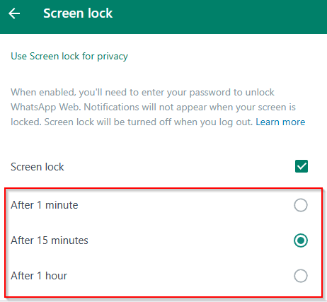 Screen lock inactivity settings