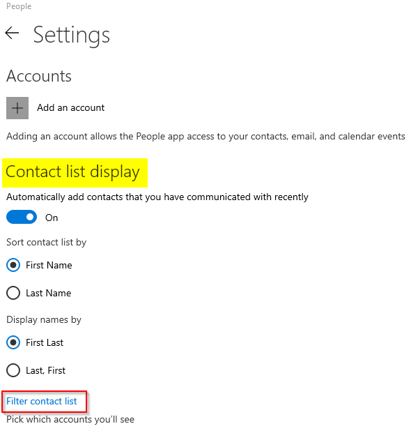 Contact list settings for People app