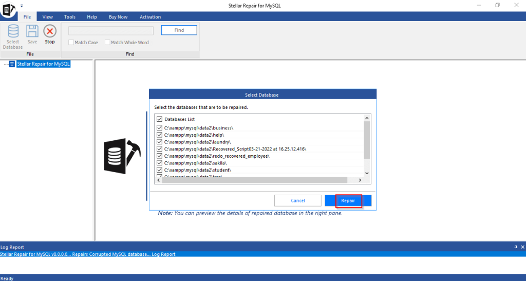 Repairing the database with the complete listing