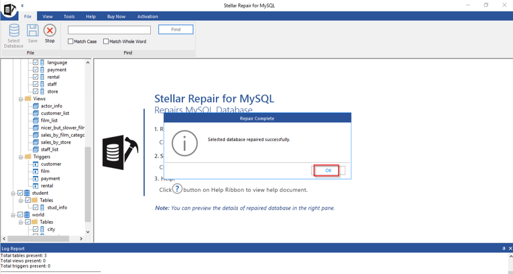 Log reports with the completion of repair message