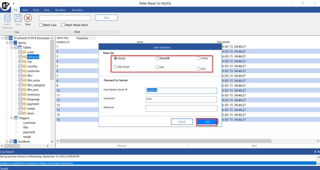 Saving the database into MySQL server for saving the databases