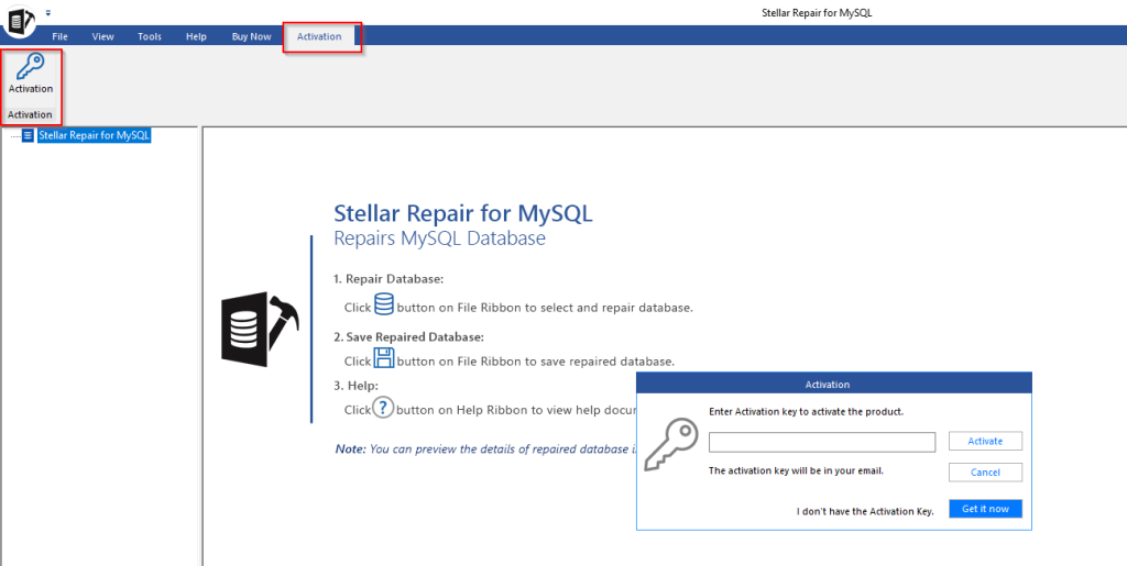 Activating the Licence for repairing the Database