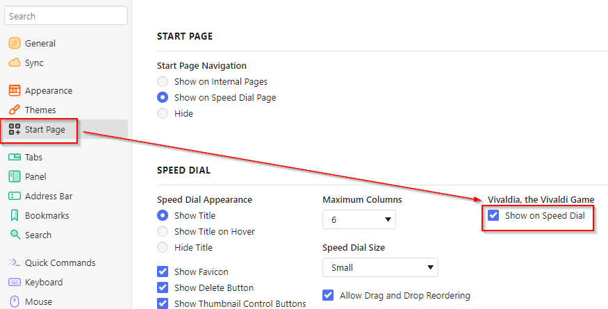 Enable Vivaldia on the Speed Dial page