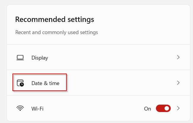 Date and time settings can also be accessed from the Recommended settings in Windows 11