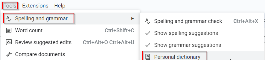 access the personal dictionary from google docs menu