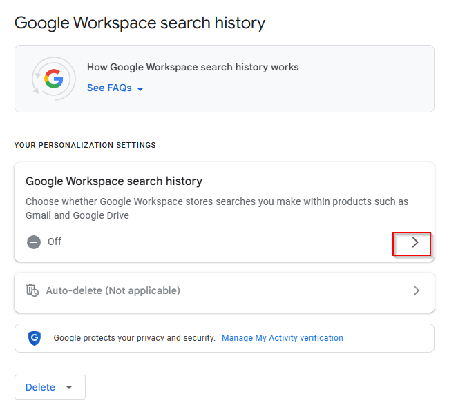 Google workspace search history settings