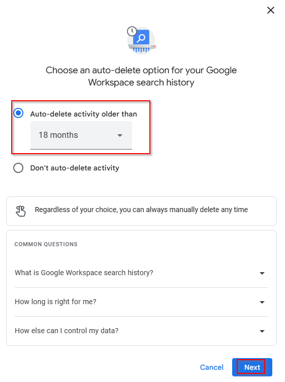 auto-delete activity settings for Google workspace search history