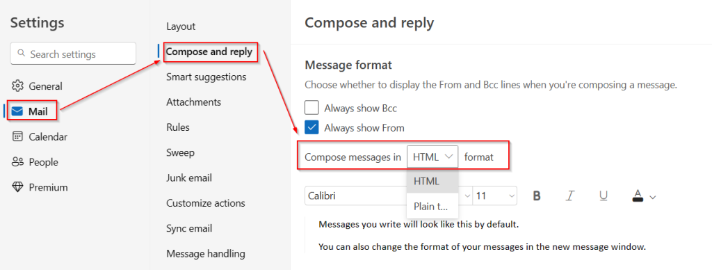 Message format settings in Outlook web