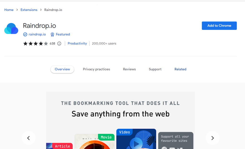 Raindrop.io as a Google Chrome extension