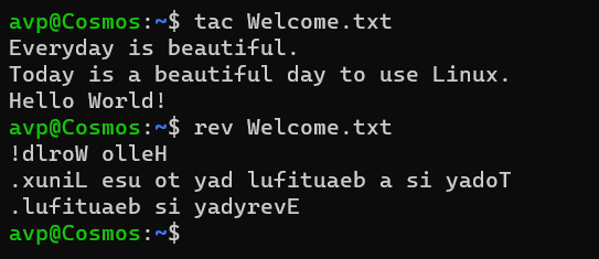 The difference between tac and rev commands in Linux.