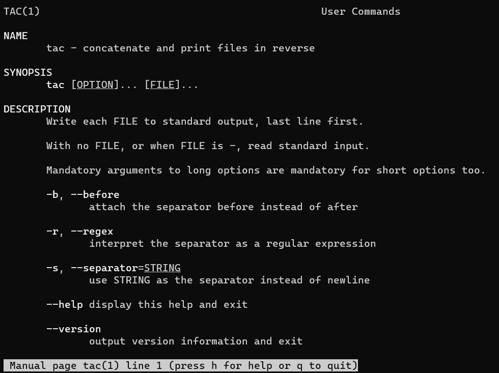 The man page for tac command in Linux