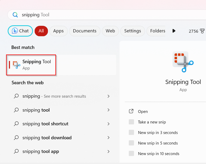 search for the snipping tool in windows 11