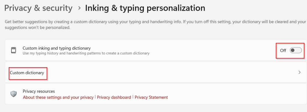 Inking and typing personalization settings in Windows 11