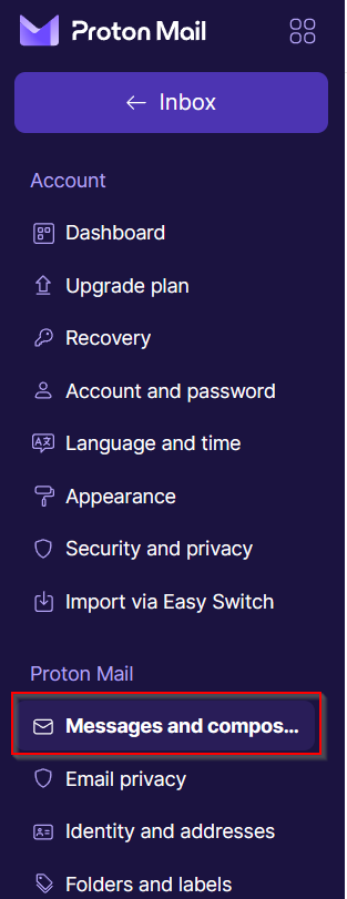 Messages and composing settings in Proton Mail