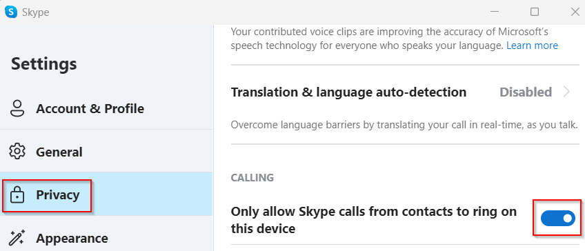 Skype Desktop call privacy settings