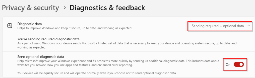 Diagnostics data options