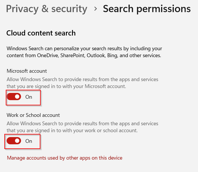 Search permissions in Windows 11