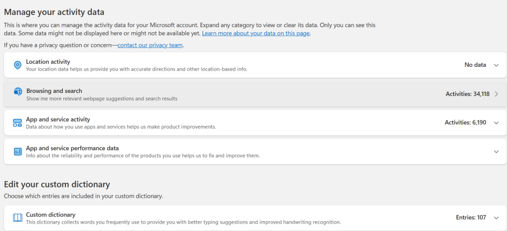 Microsoft account privacy dashboard