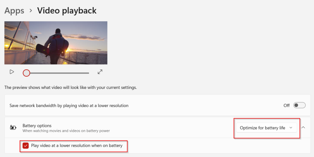 optimize video playback for battery power in Windows 11 