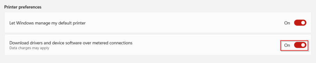 Printer drivers are enabled for download over metered connections in Windows 11