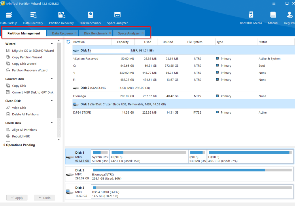 main interface of MiniTool Partition Wizard 12.8