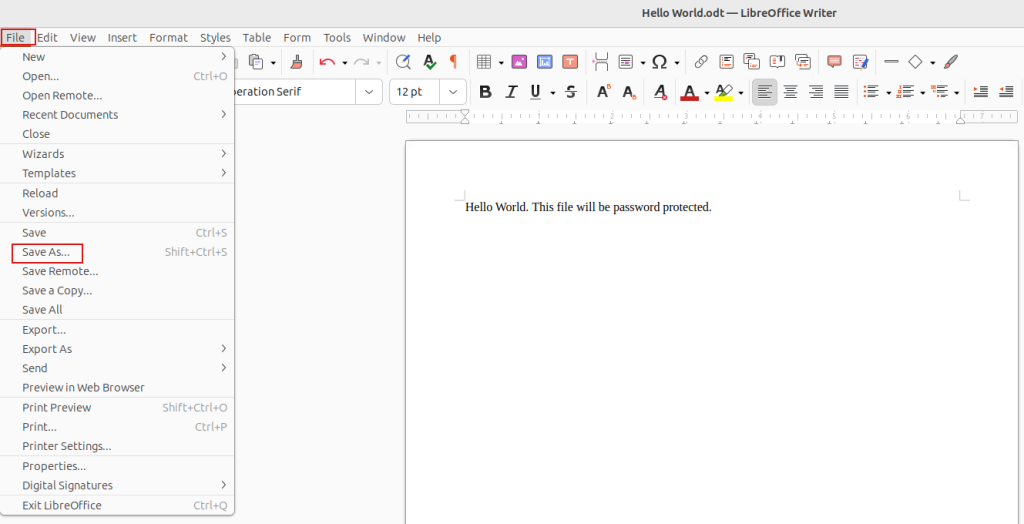 save the libreoffice writer document with password