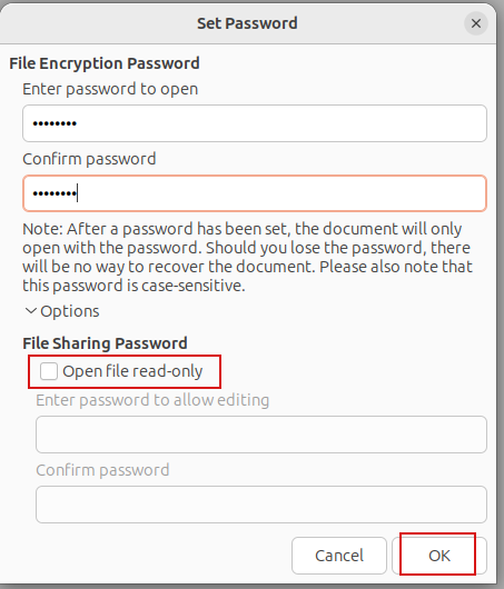 set a password for libreoffice writer document