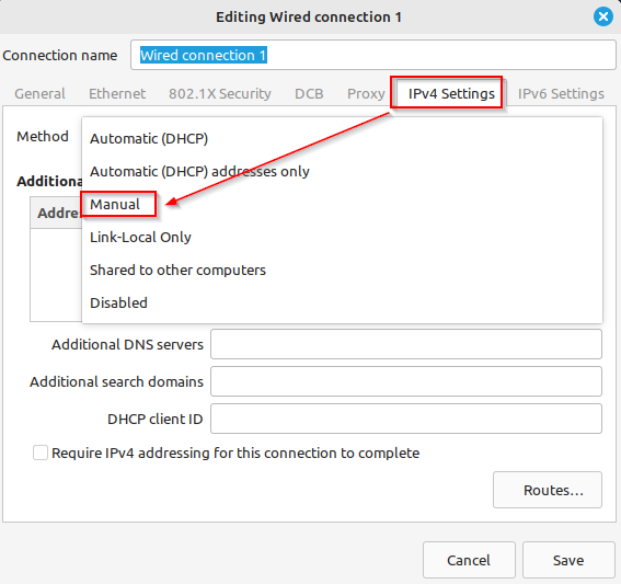 choose Manual settings for static IP in Linux Mint