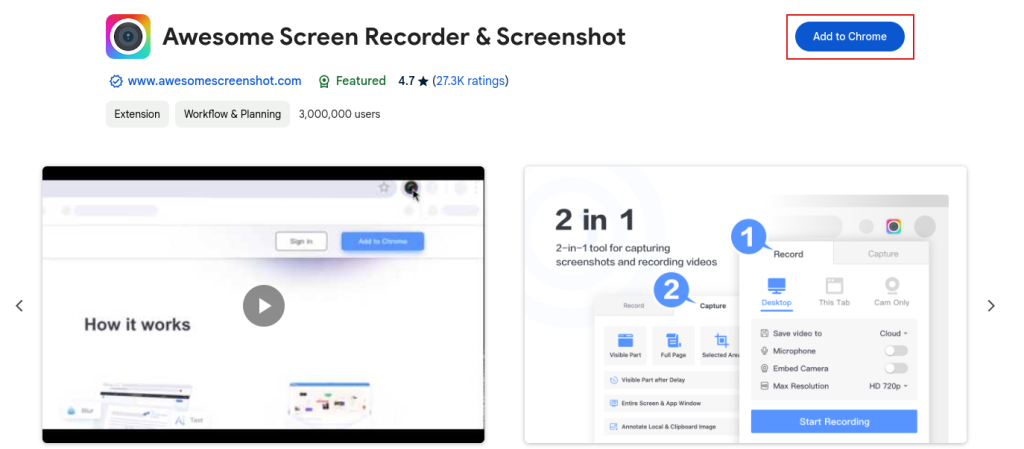 Awesome Screen Recorder Chrome Web Store page