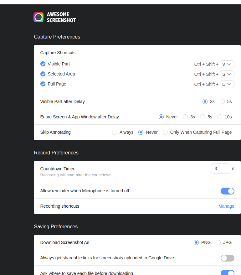 change keyboard shortcuts and other settings for Awesome Screen Recorder Chrome add-on