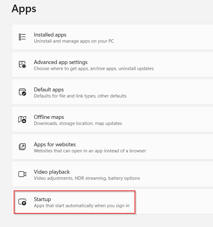 Apps settings in Windows 11