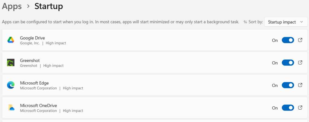 a list of high impact apps during Windows 11 startup