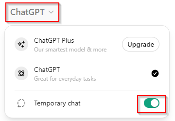 ChatGPT temporary chat mode settings