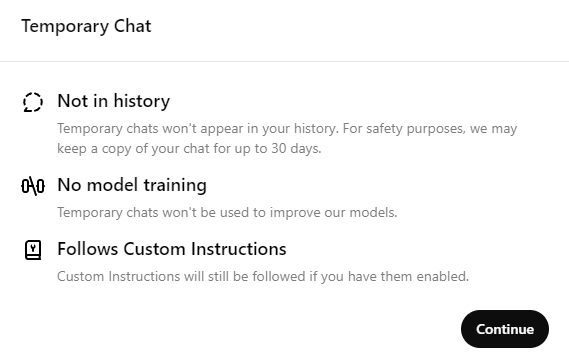 ChatGPT temporary chat features