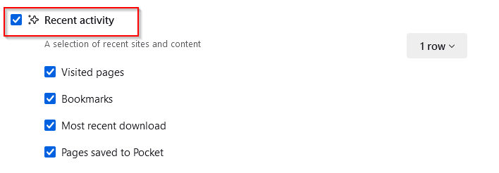 Toggle Recent activity items in Firefox
