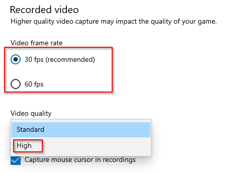 recorded video settings in windows 10