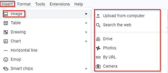 various options in google docs to insert images from 