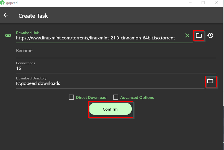 creating a download task in Gopeed