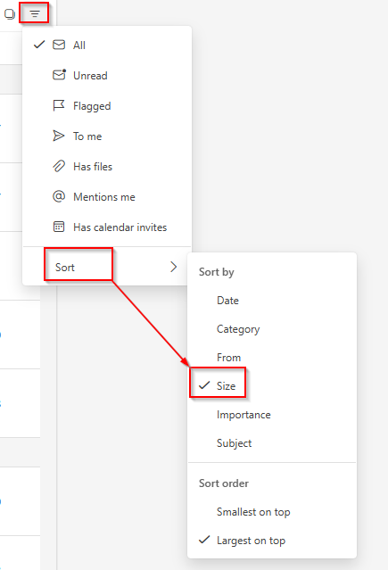 filter emails by size in outlook.com